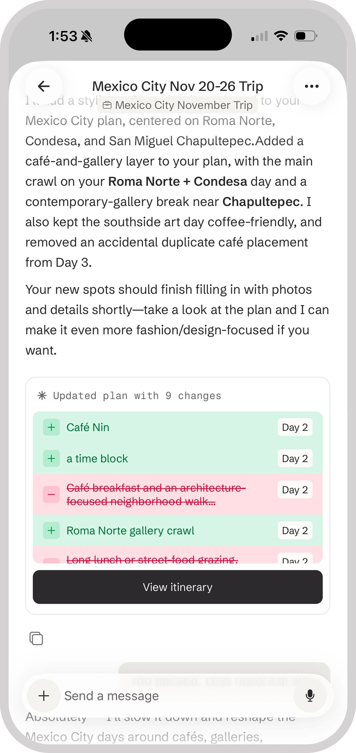 A chat where Stardrift updated the Mexico City plan with nine changes and offers to view the itinerary