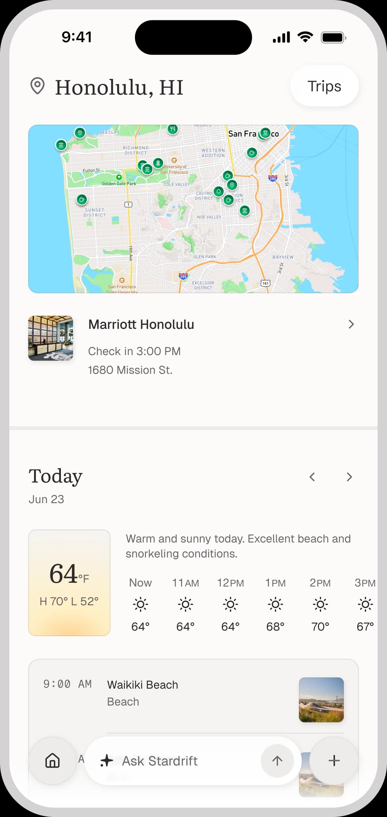 The Stardrift Home tab on a trip day: saved places on a map, the hotel check-in, today's weather and plan