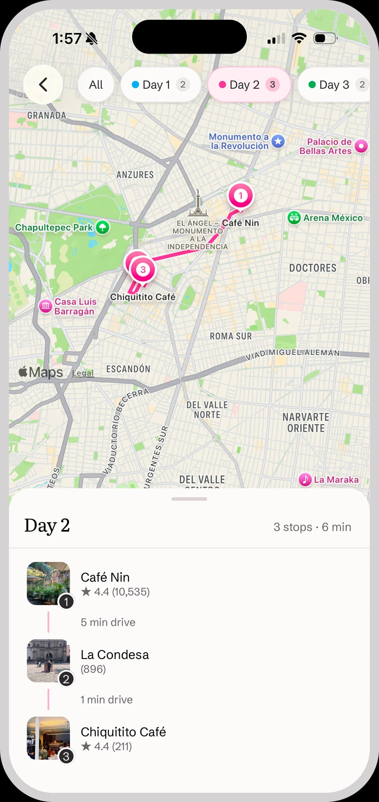 The trip map for Day 2 in Mexico City with three numbered stops and the drive time between them