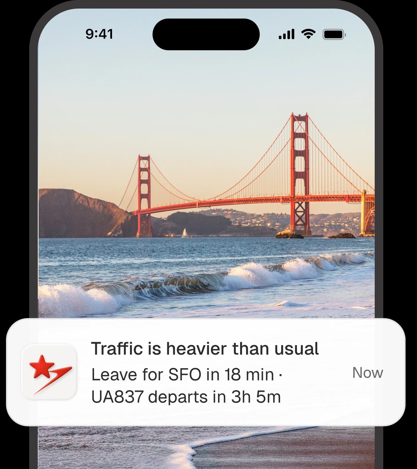 A push notification over a photo of the Golden Gate Bridge: traffic is heavier than usual, leave for SFO in 18 minutes, UA837 departs in 3h 5m