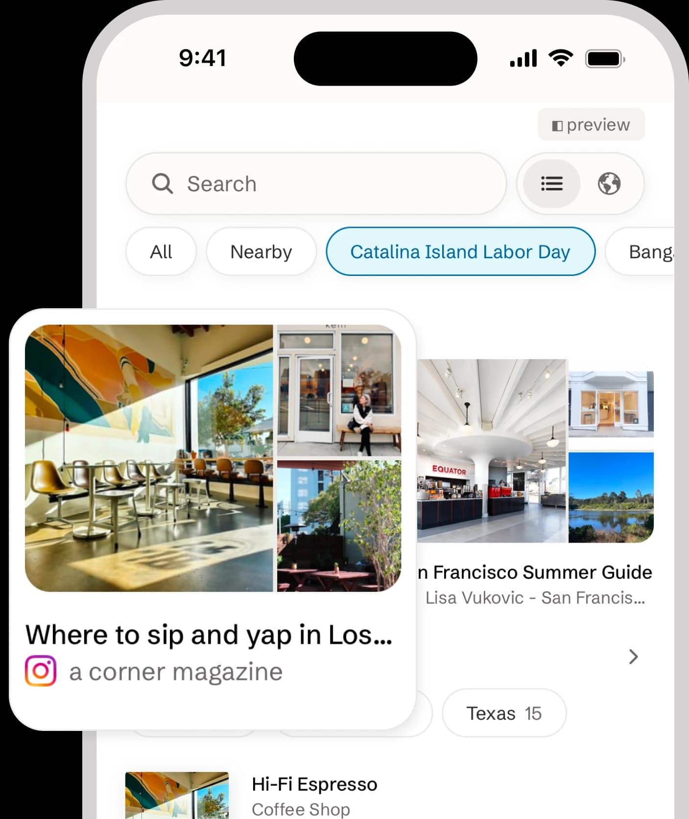 The Saved tab with a post imported from Instagram, 'Where to sip and yap in Los Angeles' by a corner magazine, and the places found in it