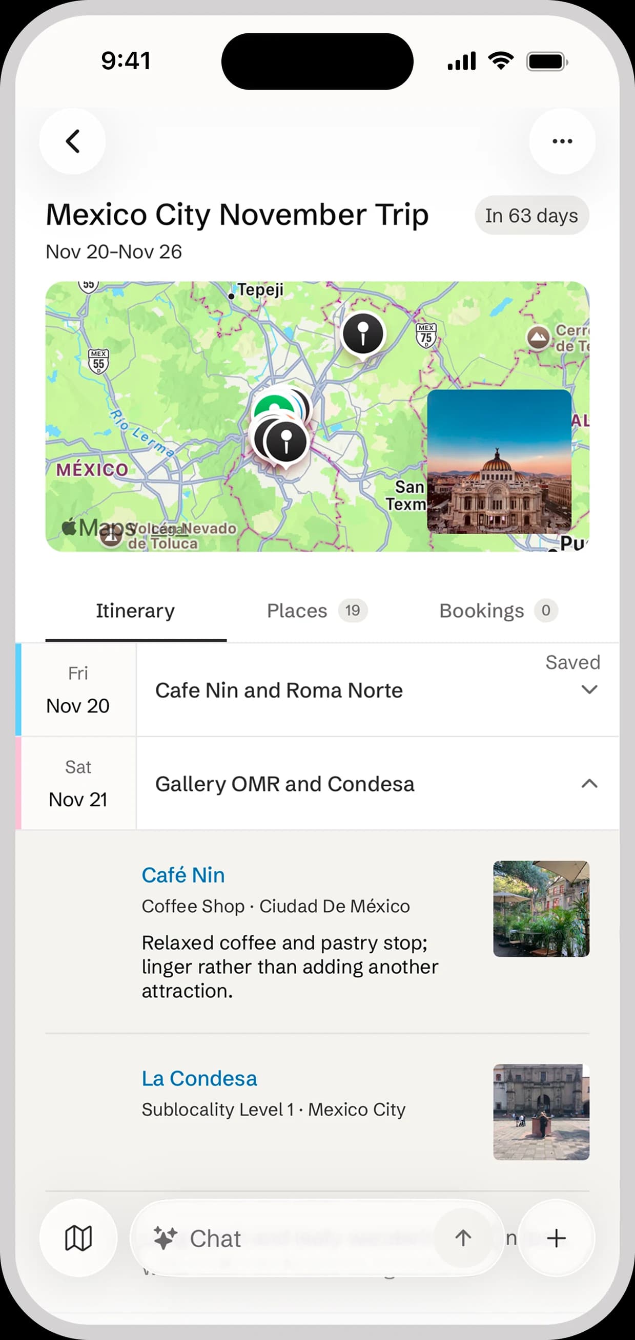 A Mexico City trip page with its map, the Itinerary, Places and Bookings tabs, and two planned days