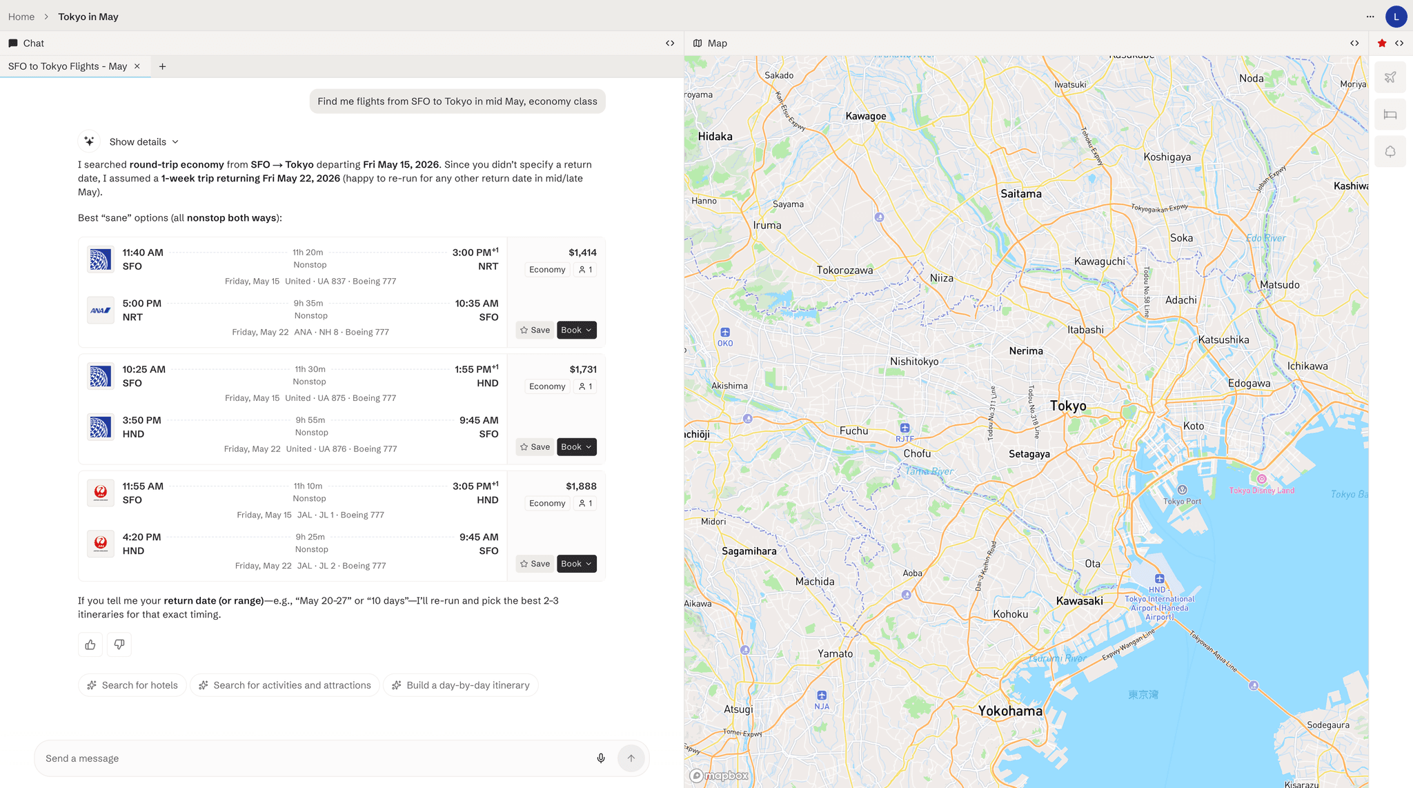 Stardrift flight search results showing flight cards with prices, airlines, and Starlink WiFi status