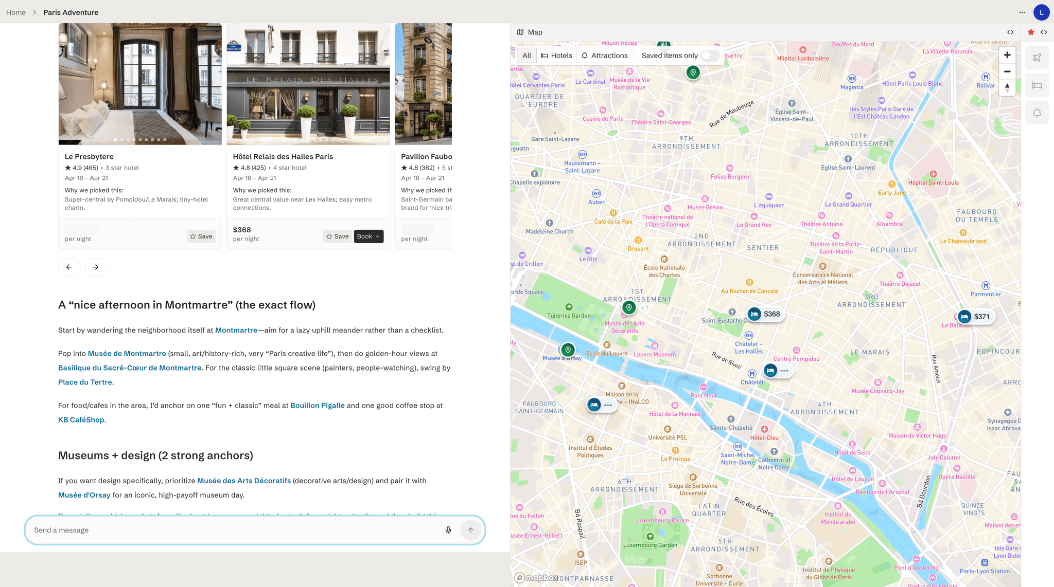 Stardrift hotel search results showing curated hotel cards with ratings, prices, and recommendation explanations