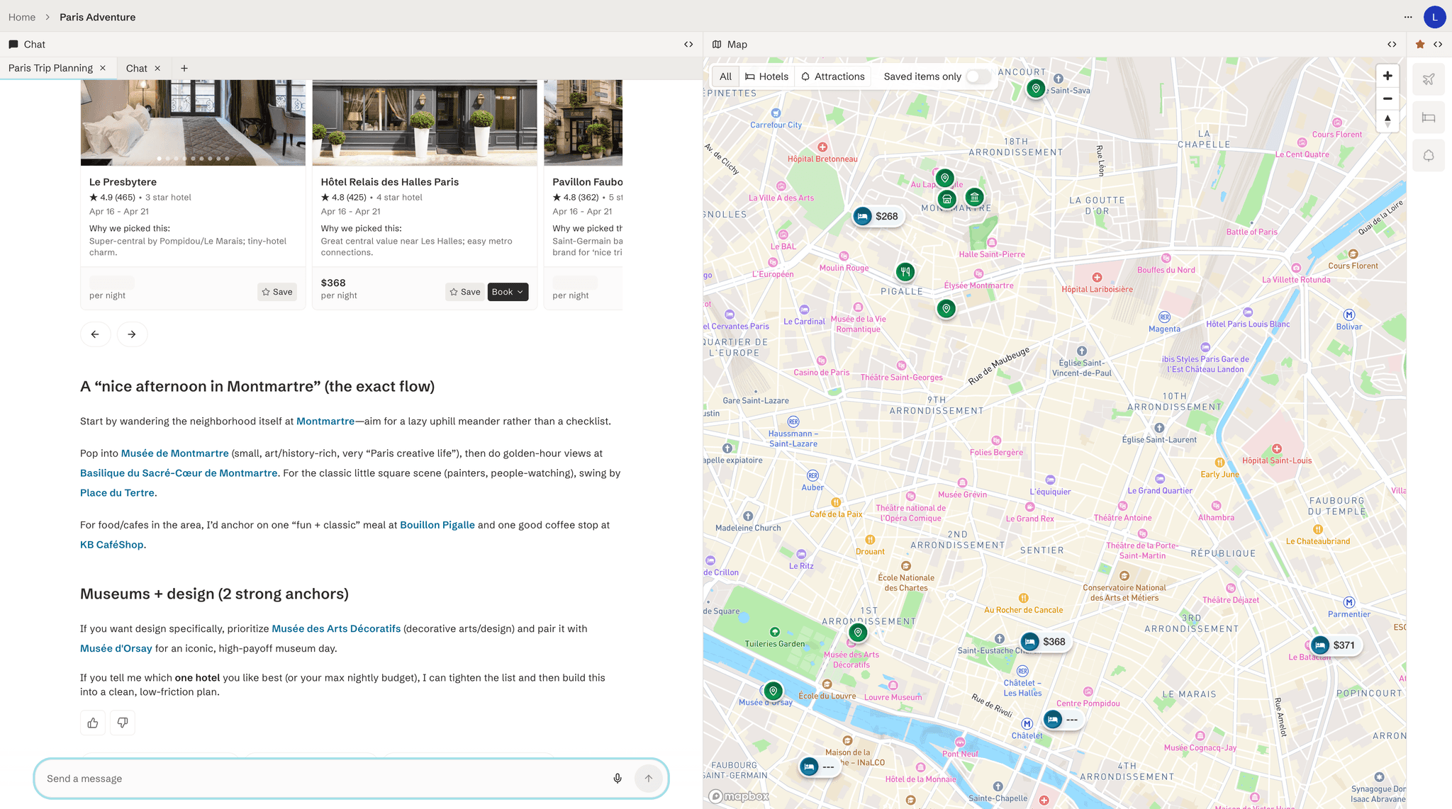 Stardrift trip planner showing a complete itinerary with flights, hotels, activities, and an interactive map