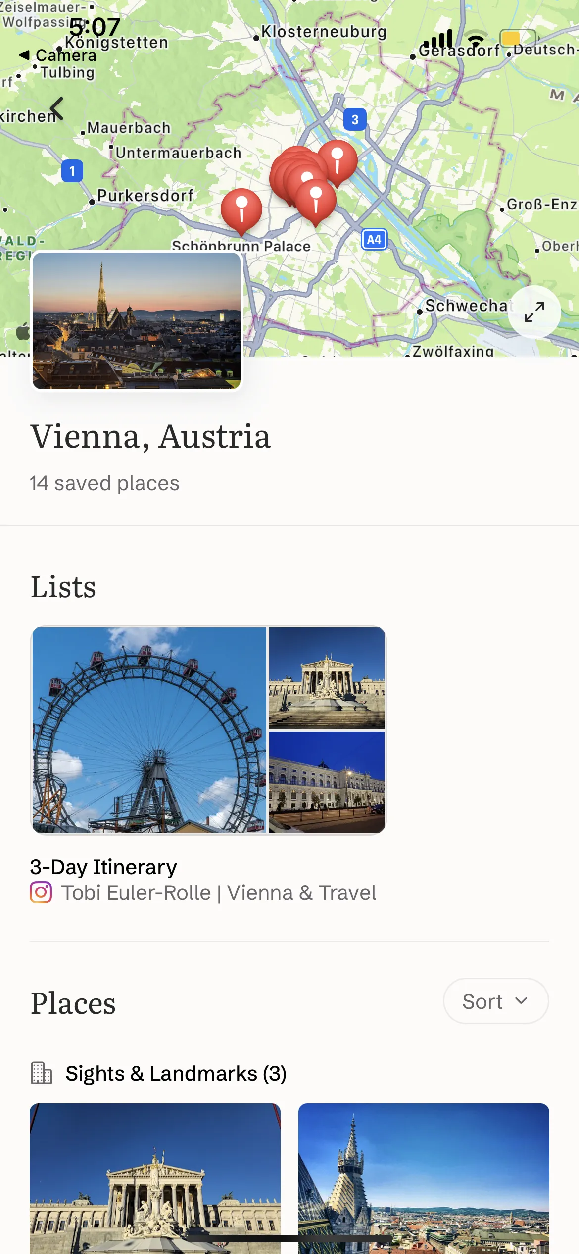 A city page for Vienna with a map, saved-place count, lists, and places