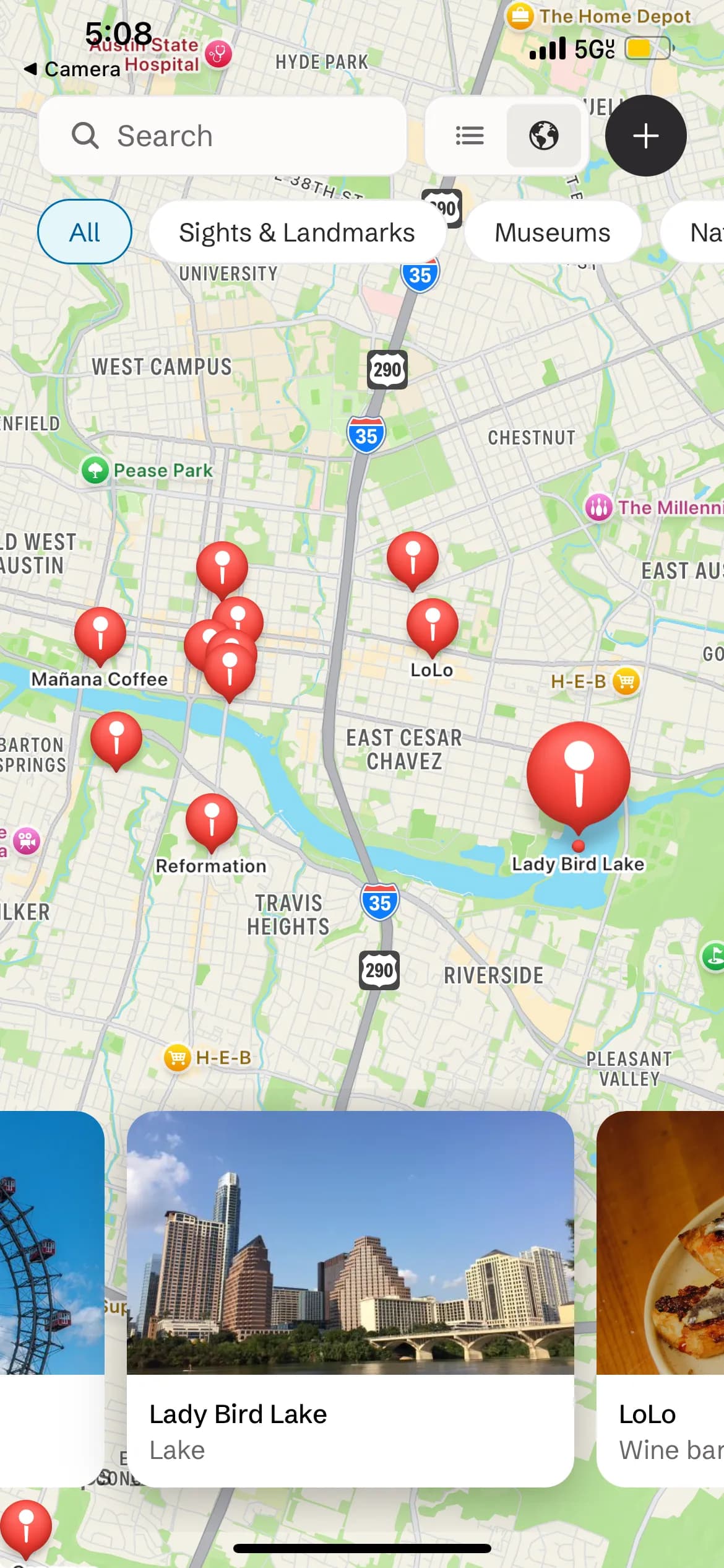 A full-screen map of saved places with category filters