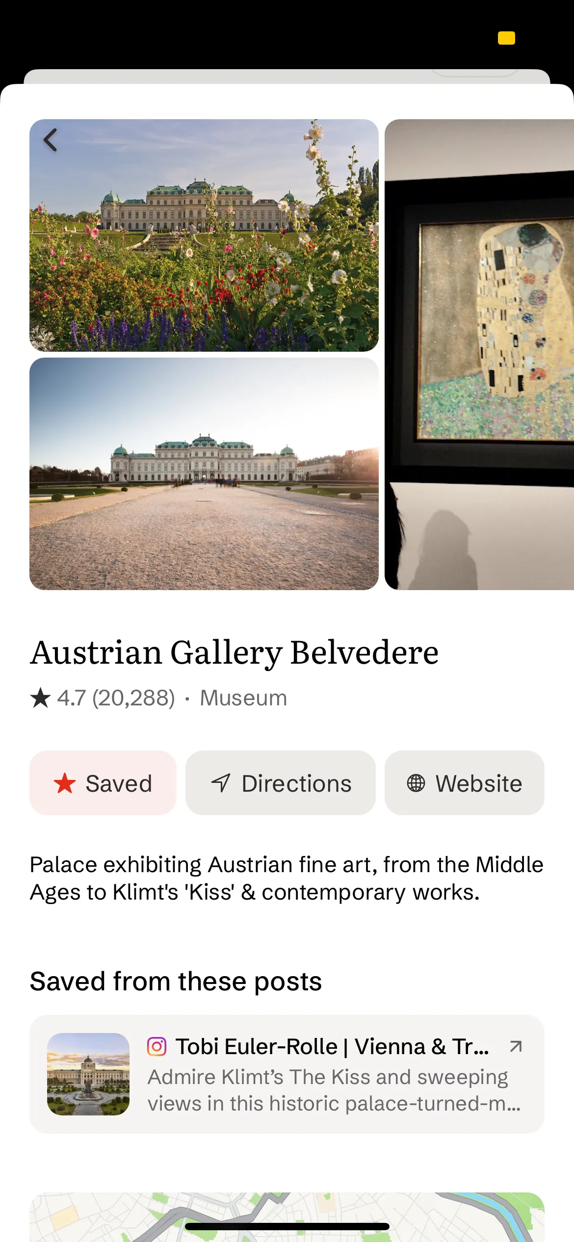 A saved place detail with photos, rating, and the posts it came from