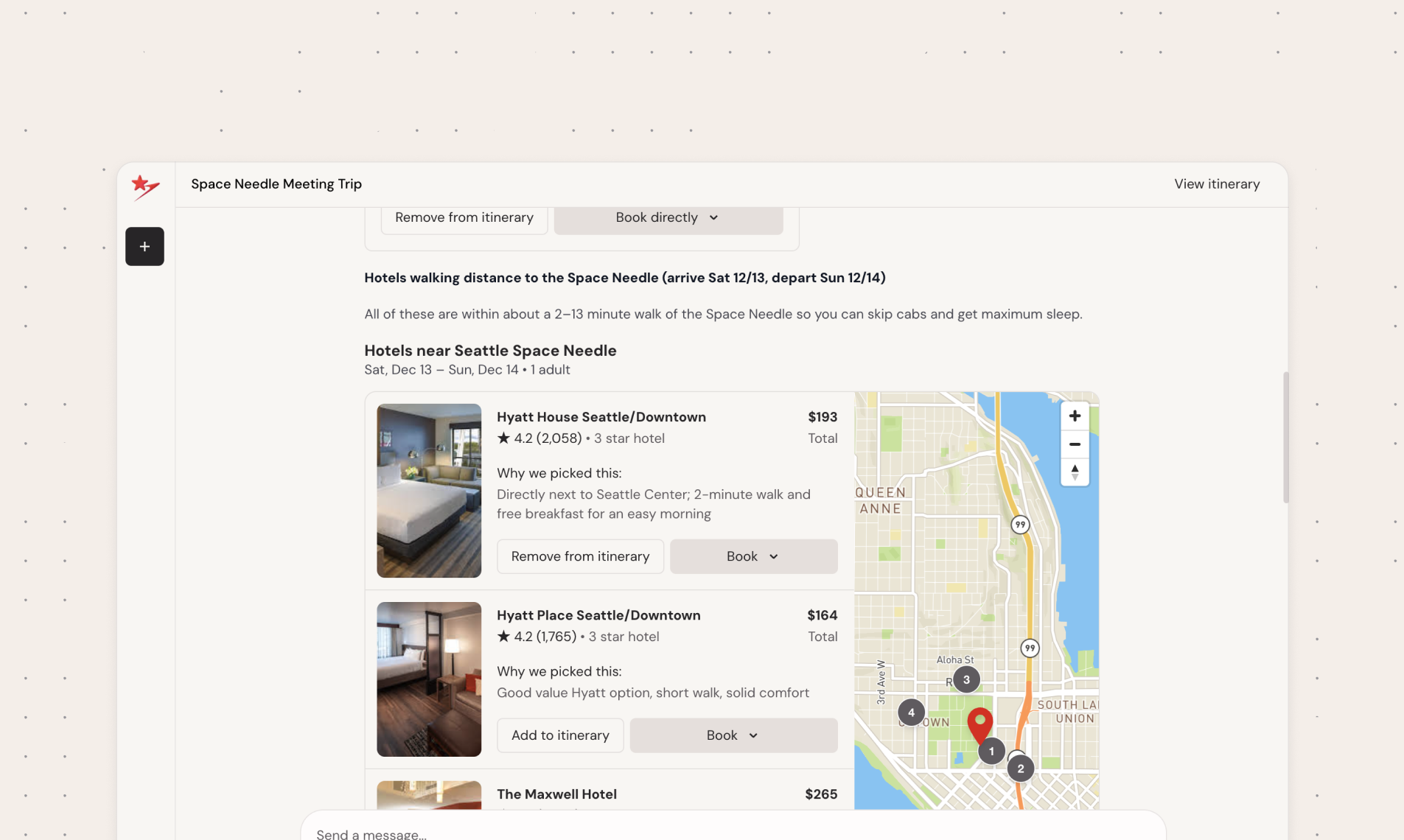 Screenshot of Stardrift's chat interface and hotel search results.