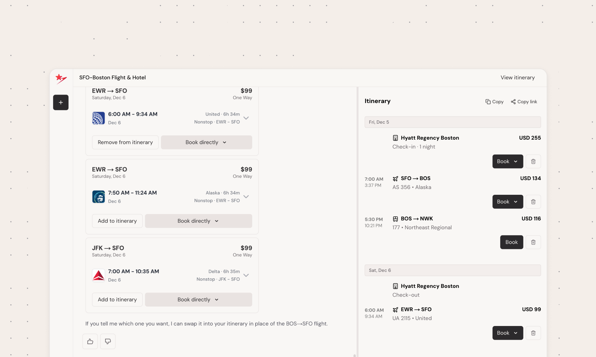 Screenshot of Stardrift's itinerary feature and flight search results.
