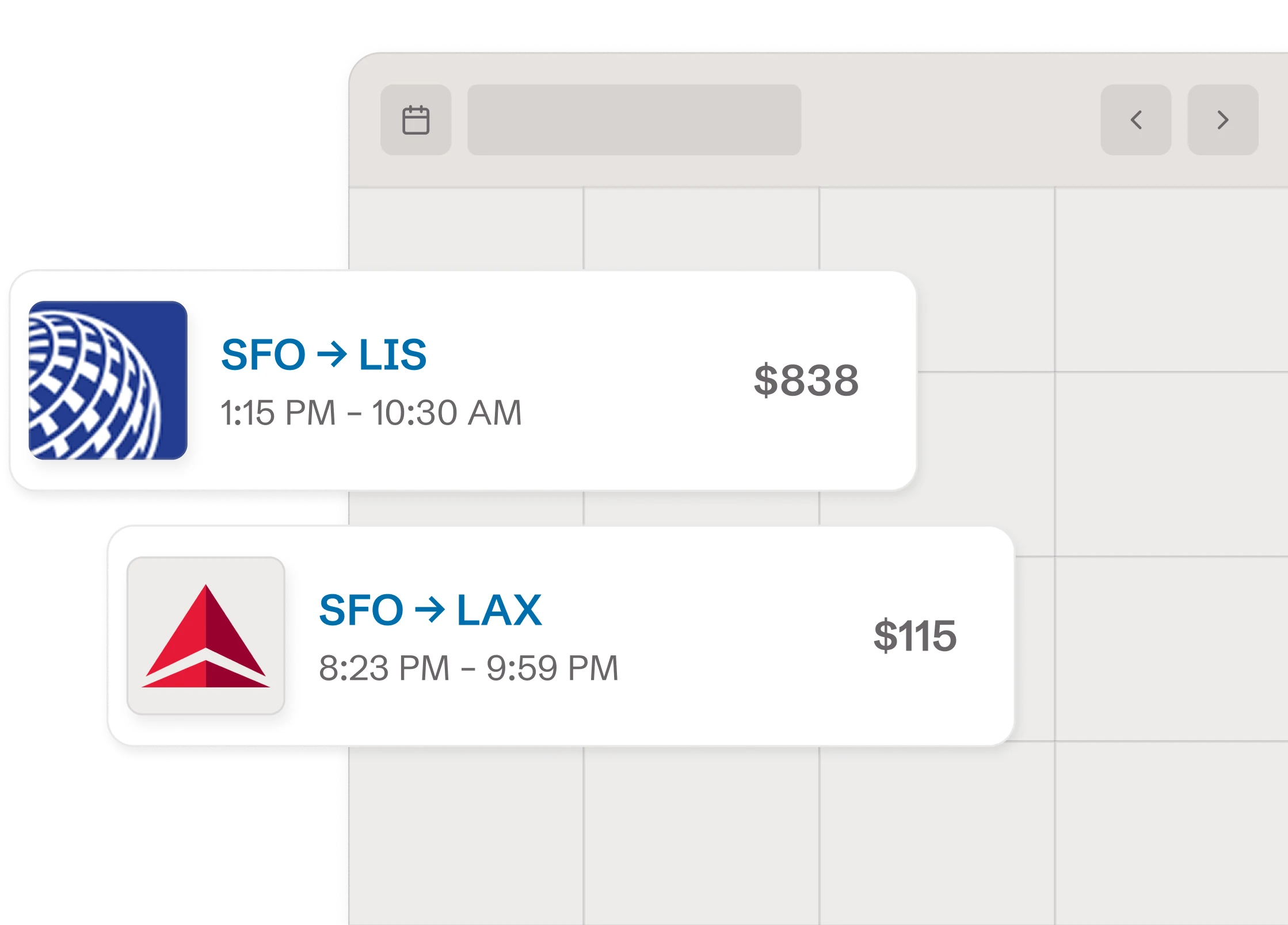 Imported flight bookings laid out on a calendar