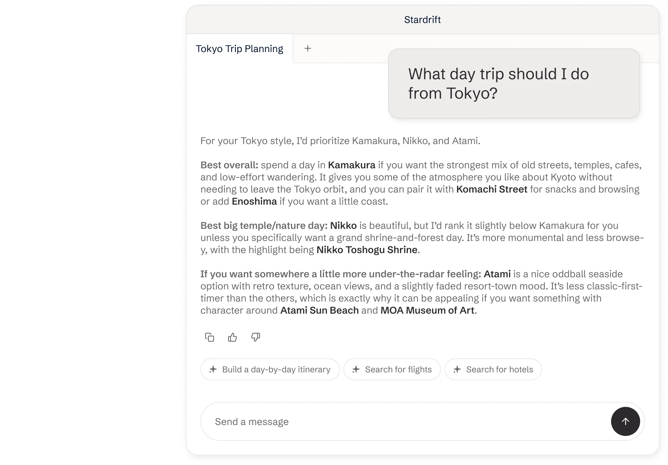 Stardrift chat answering which day trips to take from Tokyo