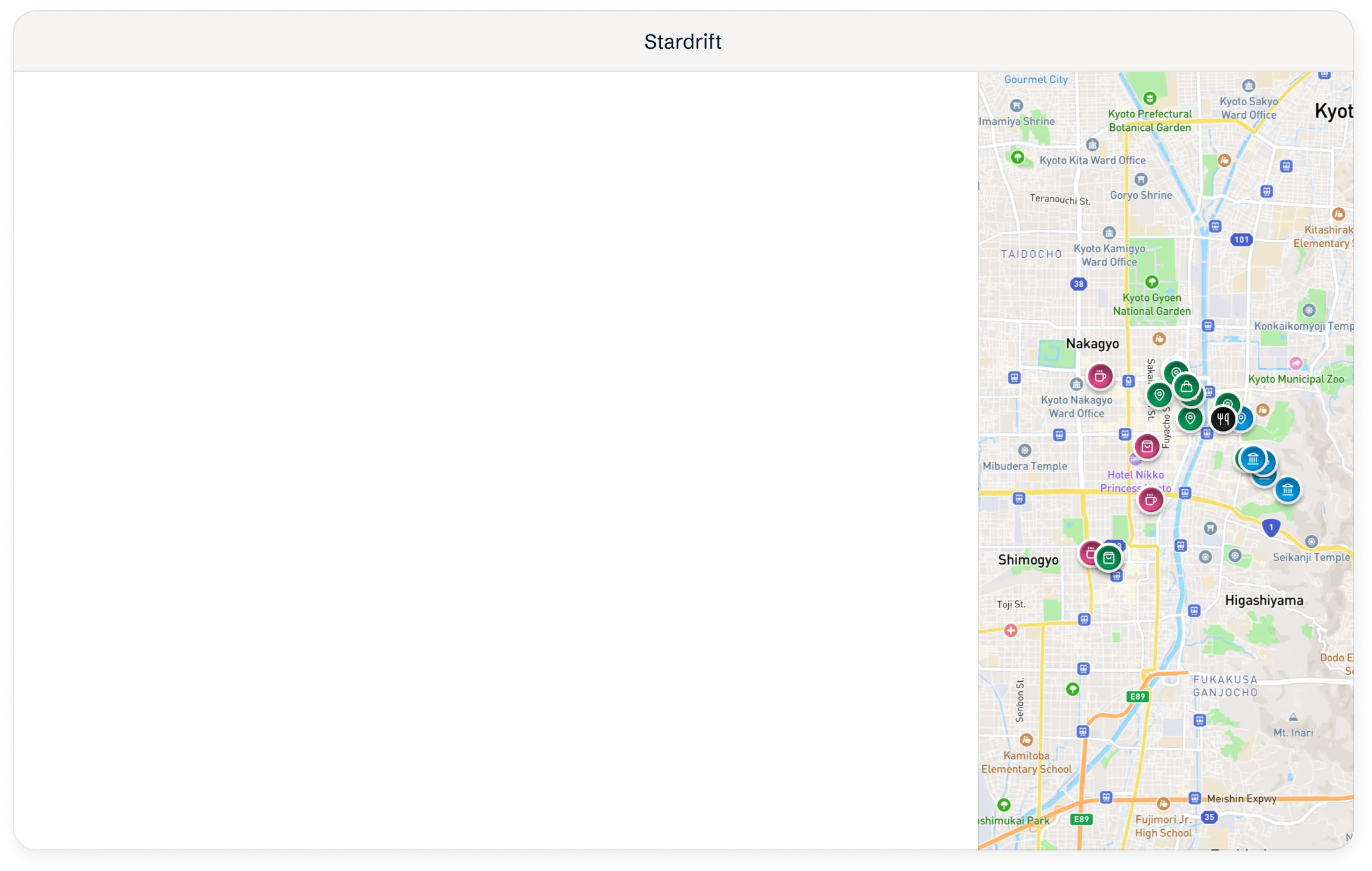 Stardrift itinerary editor alongside a San Francisco map