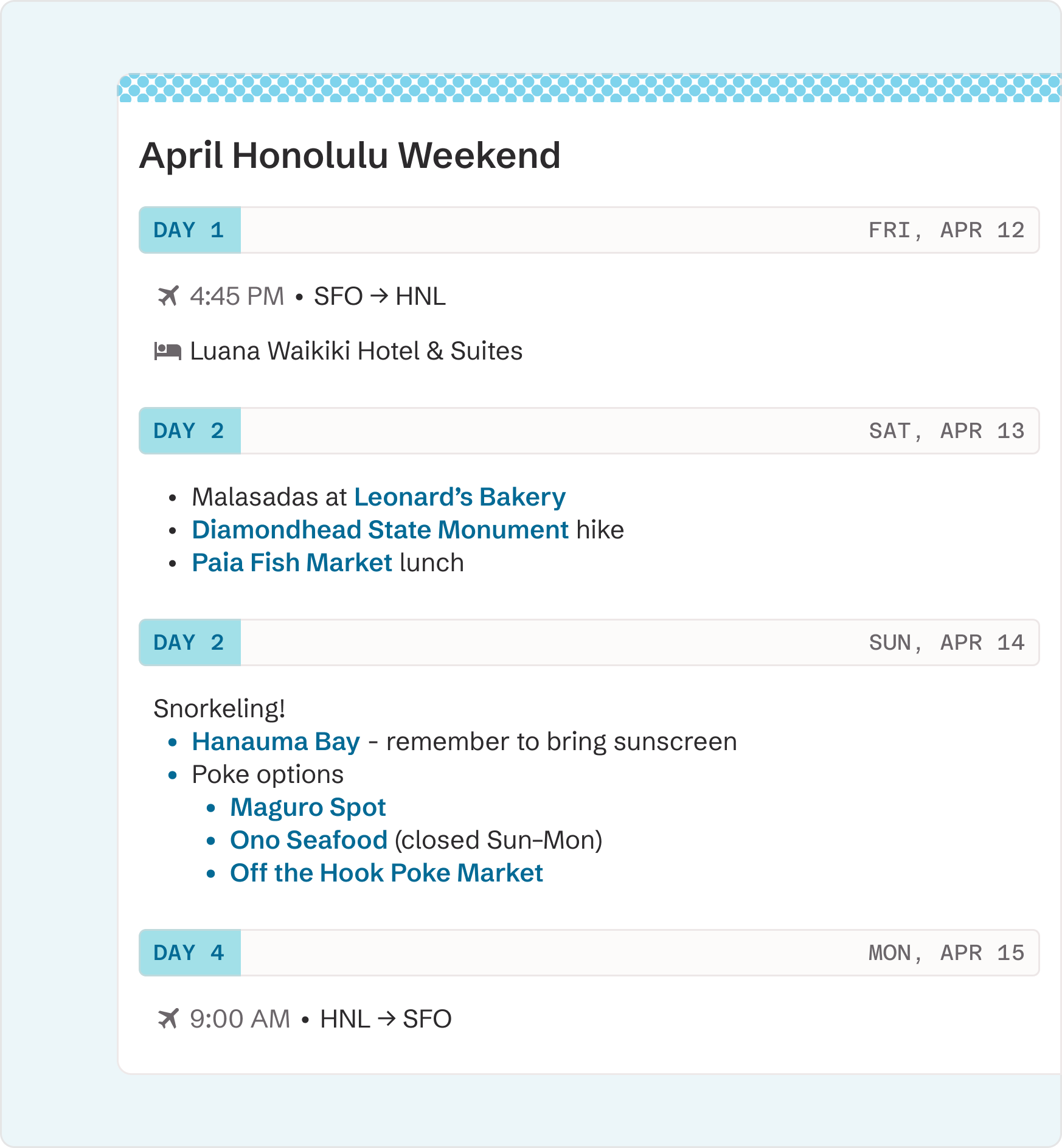 Screenshot of itinerary editor filled out with sample Honolulu April itinerary