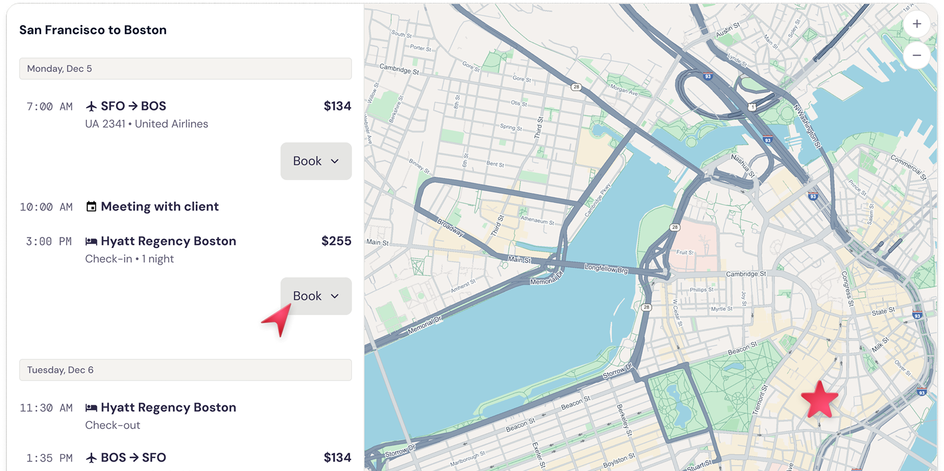 Example itinerary UI and map of Boston