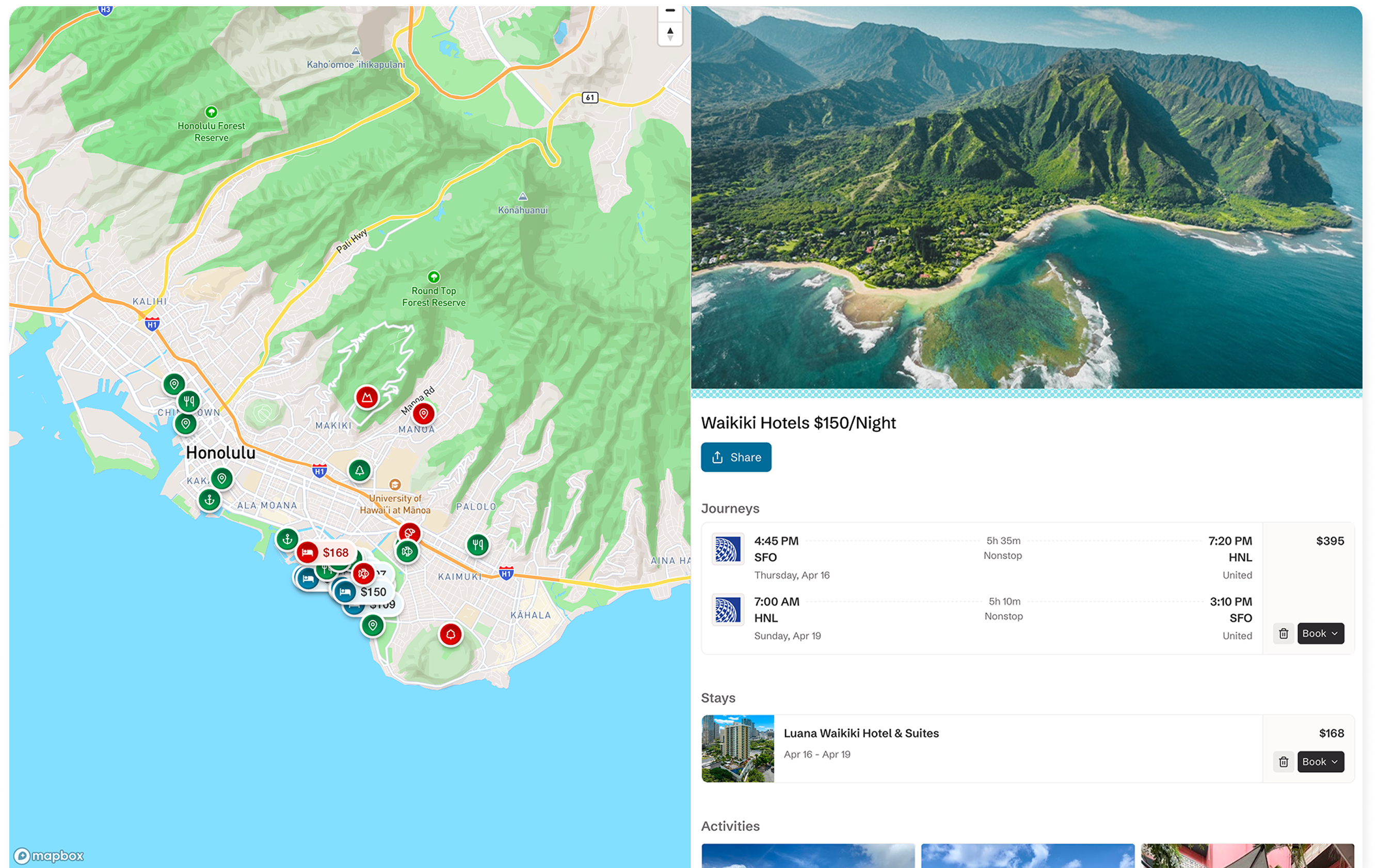 Example itinerary UI and map of Honolulu